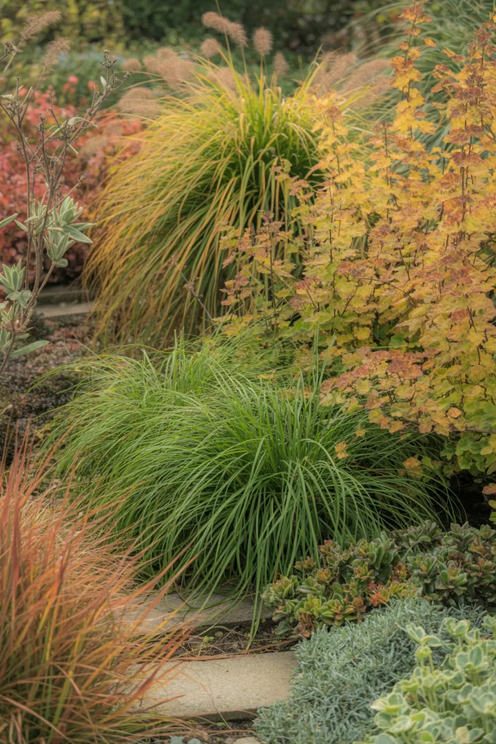 Vielfältige Gräser in ansprechenden Formen und Farben, darunter elegantes, hochwachsendes Grün und kompakte, blaue Blatthalme. Ideal für pflegeleichte Gärten mit saisonalen Farbwechseln.