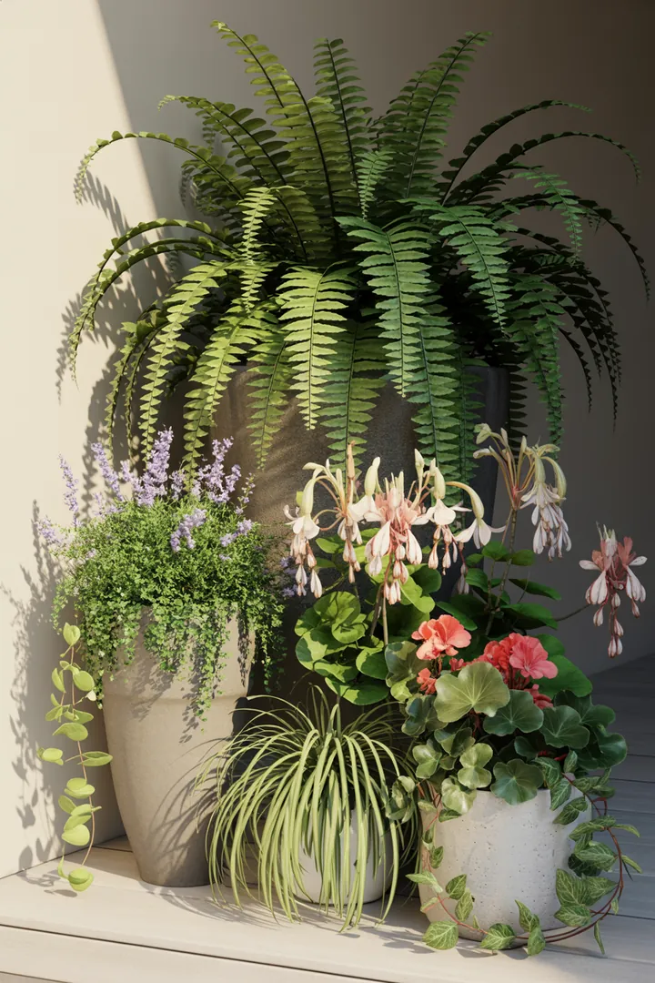 Bunt bepflanzter Kübel mit aromatischem Lavendel, leuchtenden Geranien, zarten Fuchsien, üppigen Hortensien, schattenspendendem Efeu und elegantem Ziergras.