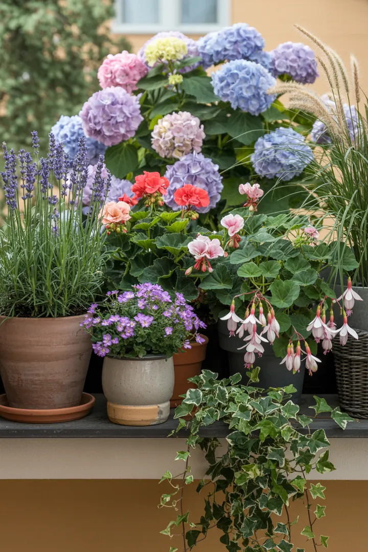 Bunt blühende Pflanzenarrangement in einem Pflanzkübel, das Lavendel, Geranie, Fuchsie, Hortensie, Efeu und Ziergras harmonisch vereint.