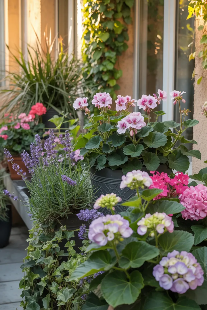 Buntes Arrangement mit duftenden Pflanzen in einem Pflanzkübel, darunter Lavendel, Geranie, Fuchsie, Hortensie und Efeu, umgeben von Ziergras.