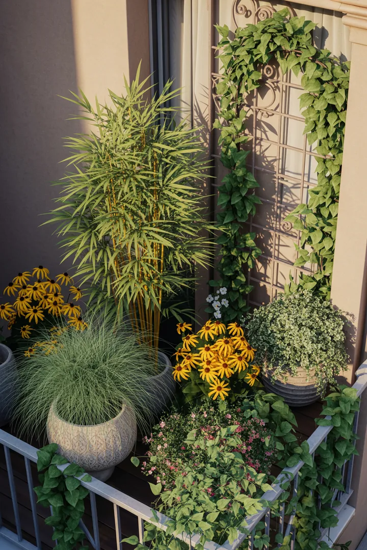 Bunte Pflanzenarrangement mit Fargesia, Ziergräsern und blühenden Rankpflanzen in einem dekorativen Pflanzkübel, ideal für vertikale Gärten.