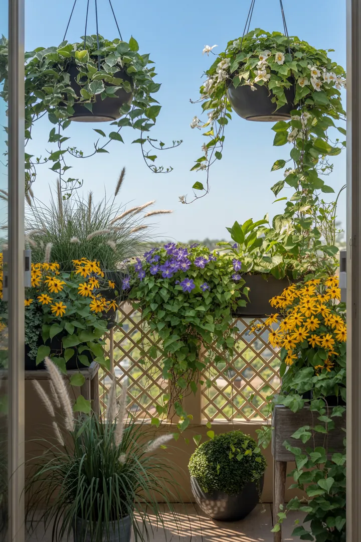 Ein üppiger Garten mit verschiedenen Pflanzen, darunter elegante Ziergräser, lebendige Kletterpflanzen und ein dekoratives Rankgitter, das mit kräftigen Farben harmoniert.