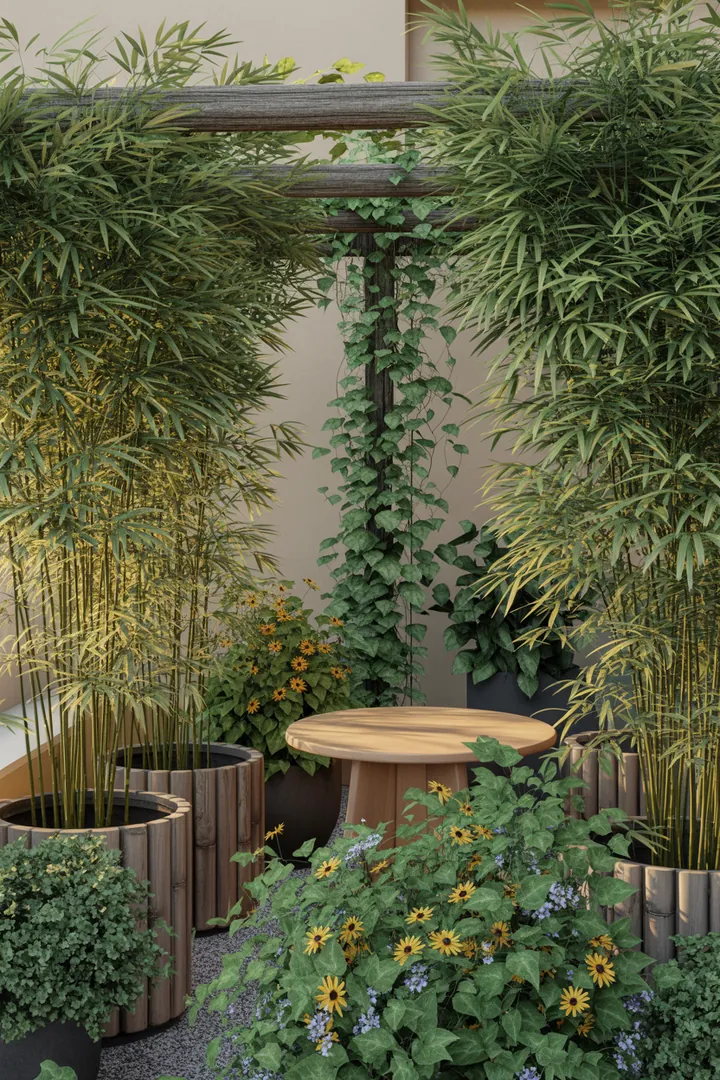 Bunt bepflanzter Garten mit grünen Fargesia-Stängeln, dekorativen Ziergräsern, blühenden Pflanzen und einem Rankgitter aus Holz, ideal für vertikale Begrünung.