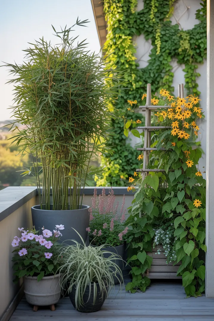 Bunte Gartenkomposition mit Ziergräsern, rankenden Pflanzen und einem dekorativen Pflanzkübel, umgeben von Bambus und blühenden Kletterpflanzen.