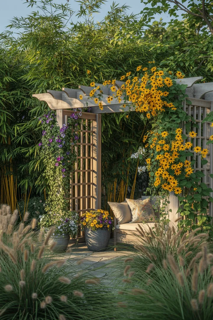 Bunt bepflanzter Garten mit verschiedenen Ziergräsern und blühenden Pflanzen, darunter Bambus und Kletterpflanzen an einem Rankgitter in einem dekorativen Pflanzkübel.