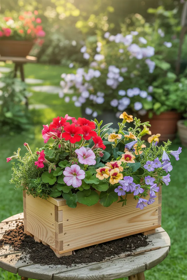 Bunte Blumenarrangements im Blumenkasten, bestehend aus lebhaften Geranien, Petunien, Lobelien, Zauberglöckchen und Zweizahn, in frischer Blumenerde.