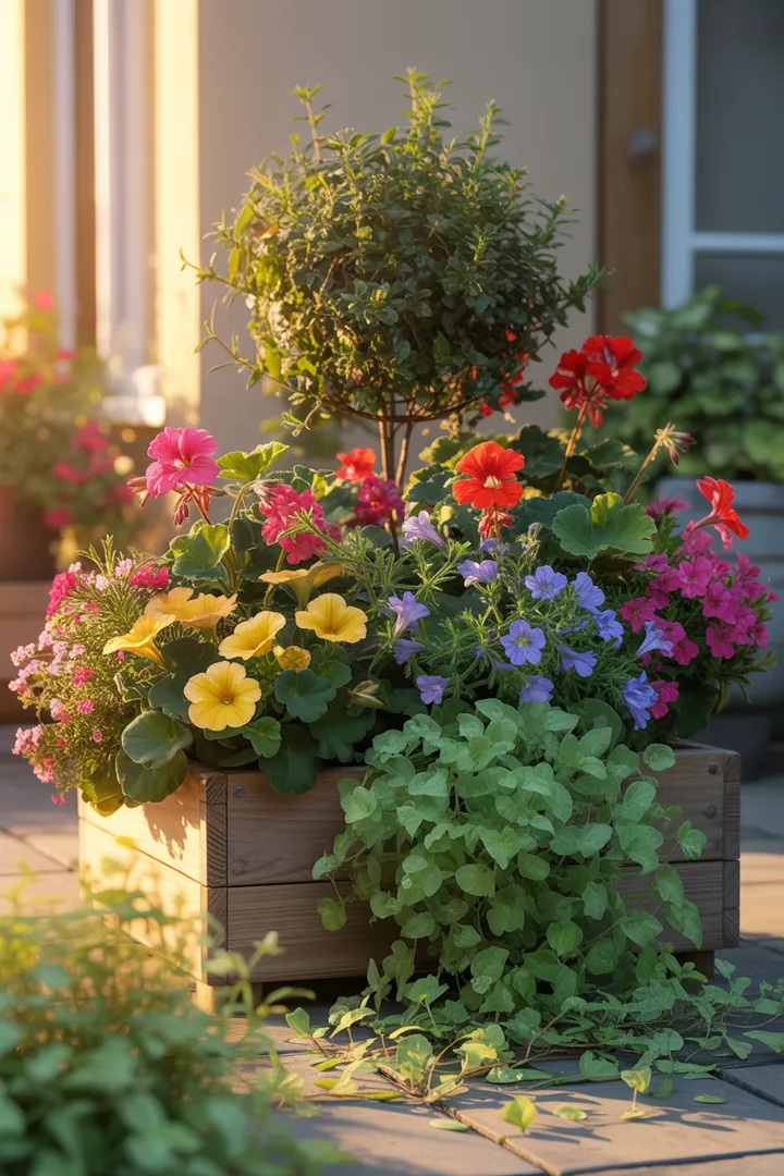 Bunter Blumenkasten mit verschiedenen Pflanzen, darunter leuchtende Geranien, zarte Petunien und charmante Zauberglöckchen, umgeben von frischer Blumenerde und sprießendem Zweizahn.