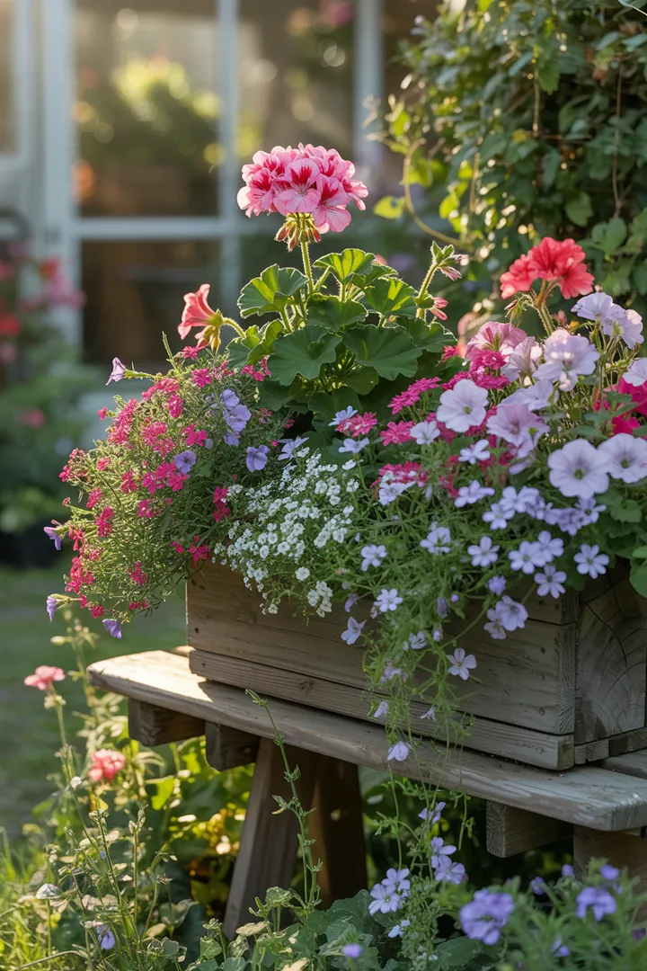 Bunte Blumenkasten-Pflanzung mit Geranie, Petunie, Lobelie, Zauberglöckchen und Zweizahn, üppig in frischer Blumenerde arrangiert.