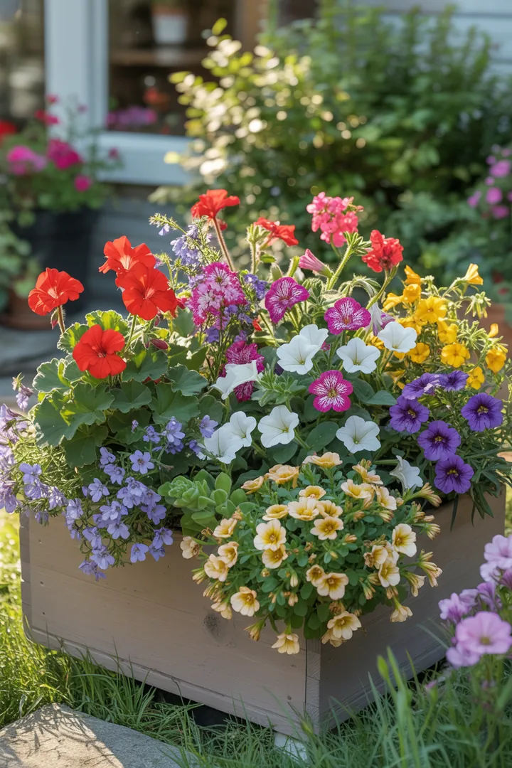 Bunter Blumenkasten mit verschiedenen Pflanzen, darunter leuchtende Geranien, zarte Petunien, blühende Lobelien, zauberhafte Zauberglöckchen und fröhlicher Zweizahn, eingebettet in frische Blumenerde.