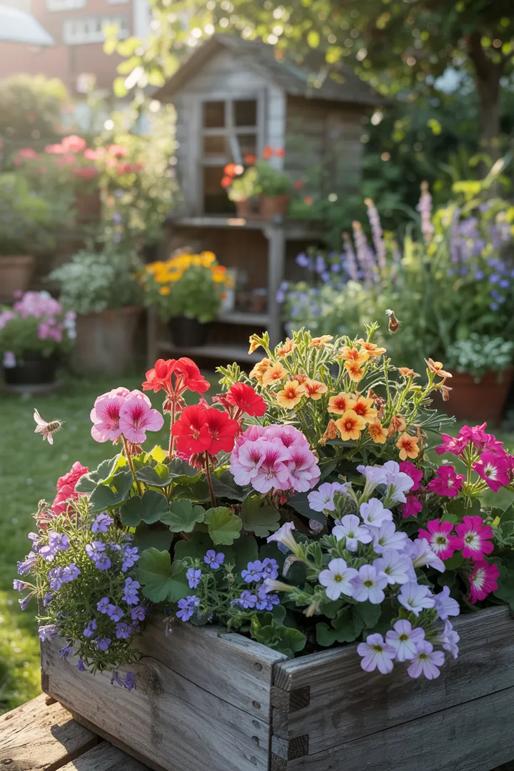 Bunter Blumenkasten mit blühenden Pflanzen, darunter eine leuchtende Mischung aus Geranien, Petunien, Lobelien und Zauberglöckchen, umgeben von frischer Blumenerde und strahlendem Zweizahn.