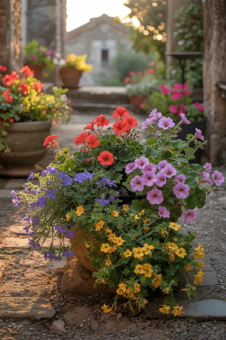 Bunter Blumenkasten mit üppigen Pflanzen, darunter leuchtende Geranien, zarte Petunien und lebhafte Lobelien, umgeben von frischer Blumenerde und Zweizahn.