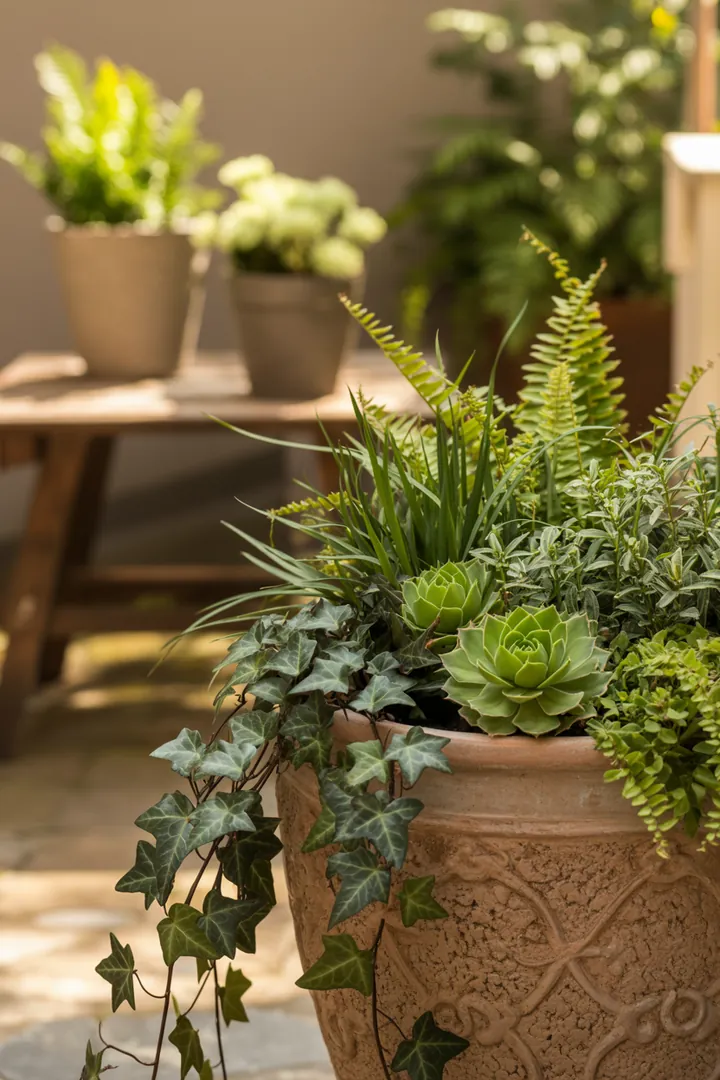 Bunte Pflanzkombination in einem Kübel mit Efeu, Farn, Ziergras, Hauswurz und Fetthenne, umgeben von Blähton für optimale Drainage.