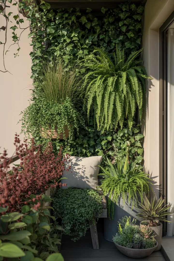 Bunt bepflanzter Kübel mit üppigem Efeu, zarten Farnen, elegantem Ziergras und robusten Hauswurzen sowie Fetthennen, die harmonisch miteinander wachsen.
