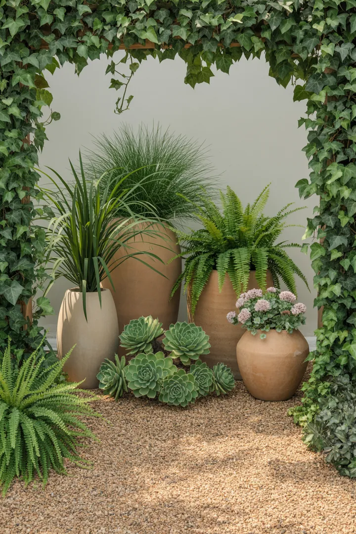 Bunt bepflanzter Kübel mit Efeu, Farn, Ziergras, Hauswurz und Fetthenne, ideal für grüne Akzente im Außenbereich.