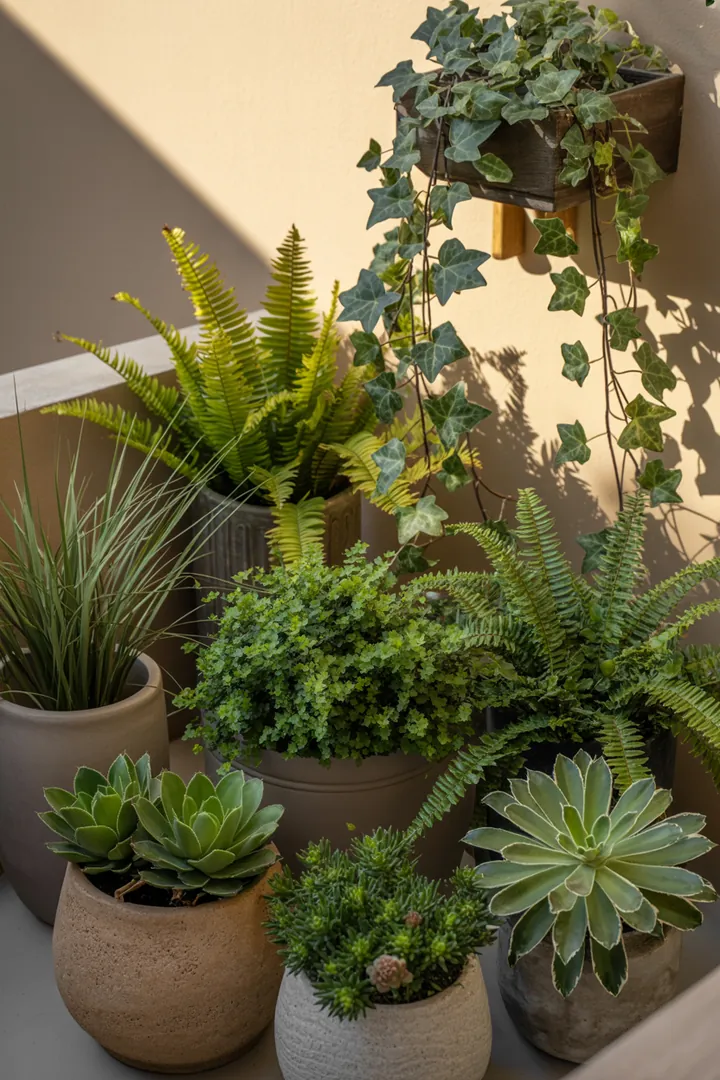 Bunt bepflanzter Kübel mit üppigem Efeu, zartem Farn, dekorativem Ziergras und robusten Hauswurz sowie Fetthenne, ideal für jeden Garten.