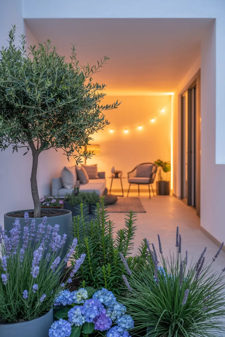 Ein stilvoller Pflanzkübel mit einem üppigen Olivenbaum, bunten Sukkulenten, duftendem Lavendel und zartem Ziergras, umgeben von einer funkelnden Lichterkette und einer blühenden Hortensie.