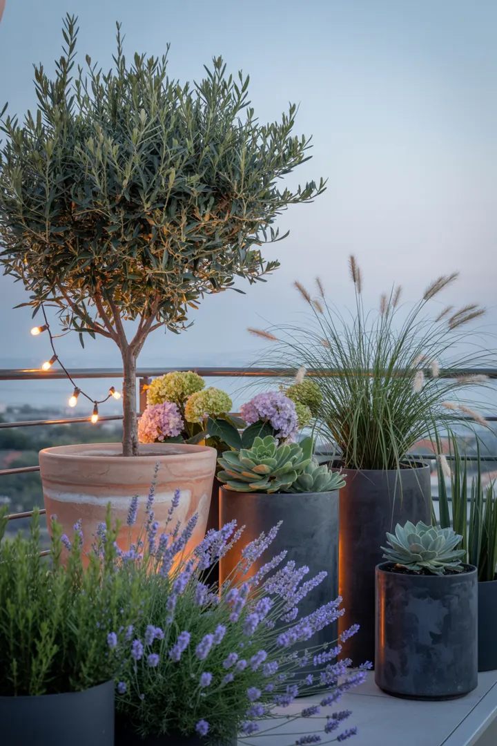 Ein stilvoller Außenbereich mit einem Olivenbaum, umgeben von Lavendel, Ziergras und Sukkulenten in einem dekorativen Pflanzkübel, beleuchtet von einer sanften Lichterkette, während eine blühende Hortensie Akzente setzt.