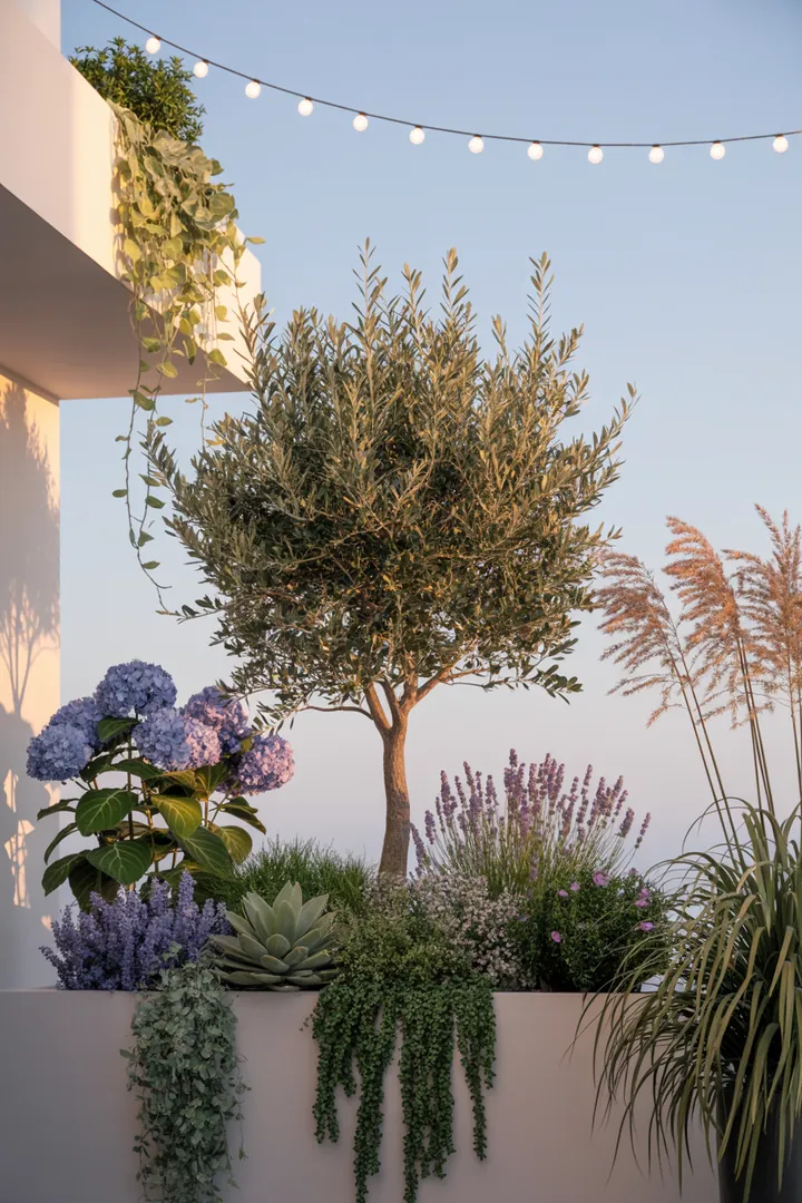 Blühende Pflanzenarrangement mit einem Olivenbaum, umgeben von duftendem Lavendel, Ziergras und bunten Sukkulenten in einem dekorativen Pflanzkübel, beleuchtet von einer sanften Lichterkette.