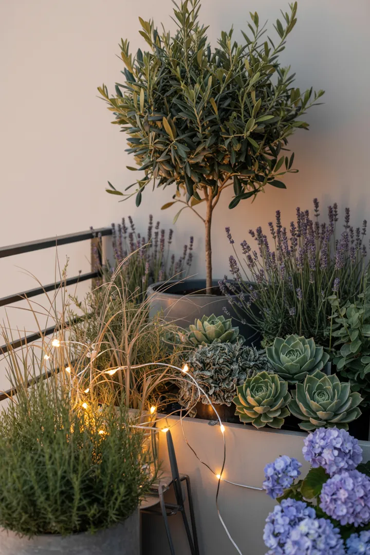 Ein wunderschöner Außenbereich mit einem Olivenbaum, umgeben von duftendem Lavendel, Ziergras und bunten Sukkulenten in dekorativen Pflanzkübeln, akzentuiert durch eine stimmungsvolle Lichterkette und blühende Hortensien.
