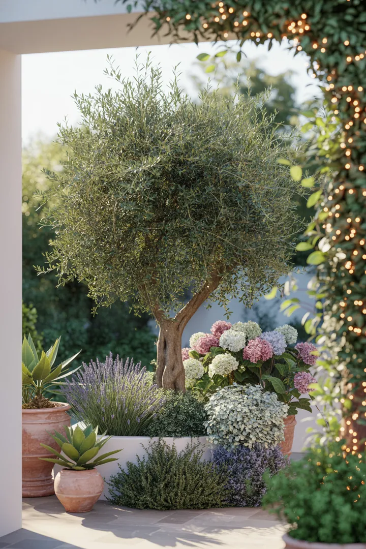 Ein stilvoller Garten mit einem Olivenbaum, umgeben von duftendem Lavendel, Ziergras und bunten Sukkulenten in einem eleganten Pflanzkübel, geschmückt mit einer warmen Lichterkette und blühenden Hortensien.