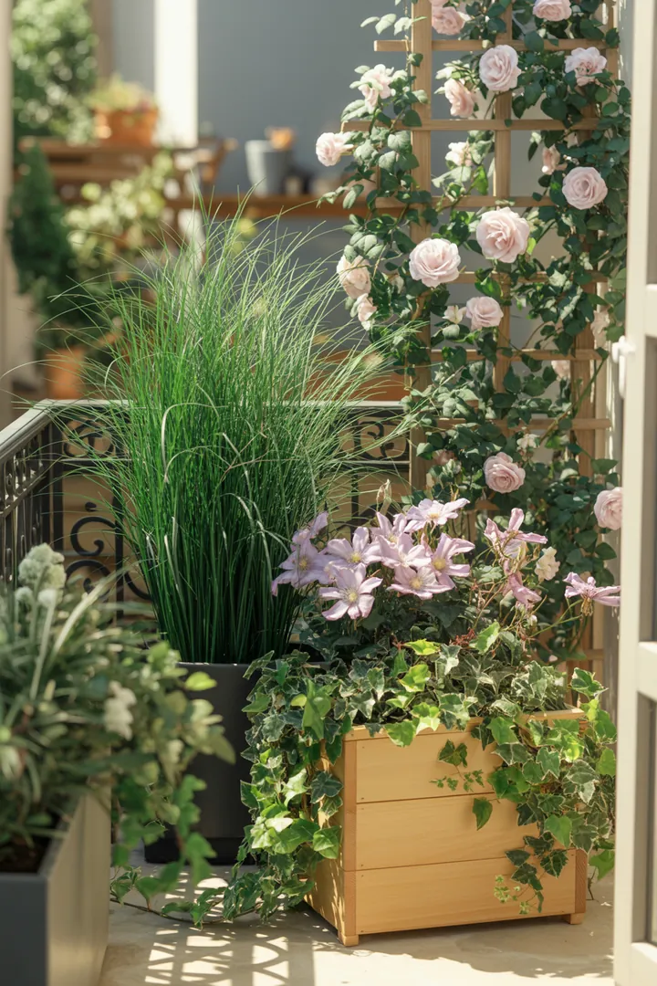 Grüne Oase mit Kletterpflanzen, darunter Fargesia und Miscanthus, umrahmt von blühenden Clematis und Kletterrose, bietet privaten Rückzugsort hinter einem eleganten Rankgitter.