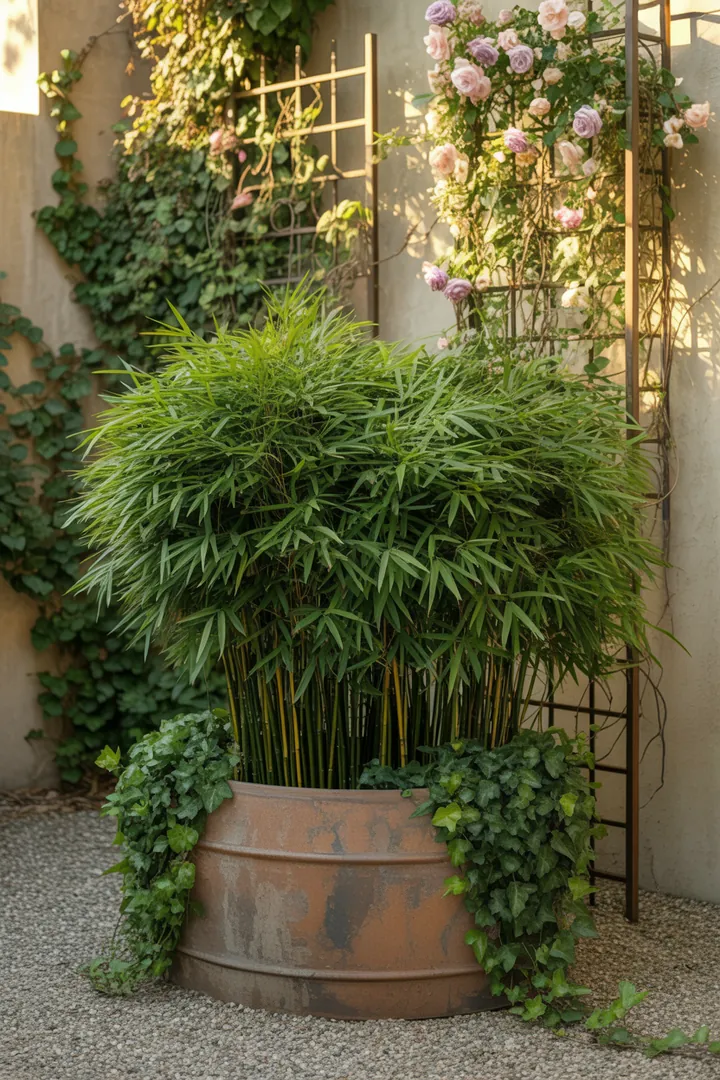 Bunt bepflanzter Sichtschutz-Pflanzkasten mit verschiedenen Kletterpflanzen, darunter Efeu und Clematis, umgeben von elegantem Bambus und Chinaschilf.