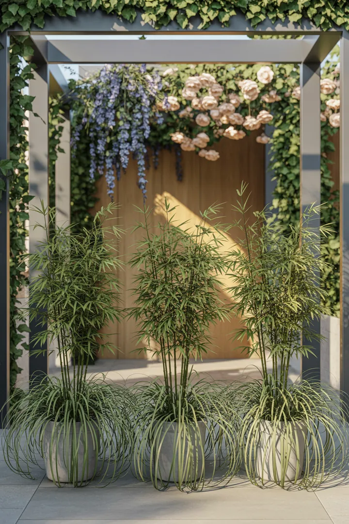 Ein üppiger Garten mit einem Rankgitter, umgeben von Fargesia, Miscanthus, Clematis, Kletterrose und Efeu, bietet natürlichen Sichtschutz und harmonische Pflanzenkombinationen.