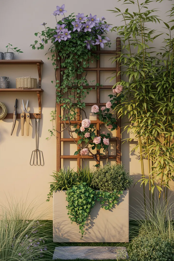 Bunte Pflanzenkombination mit robustem Fargesia und elegantem Chinaschilf, umrankt von blühender Clematis und Kletterrose, ideal für dekorativen Sichtschutz.