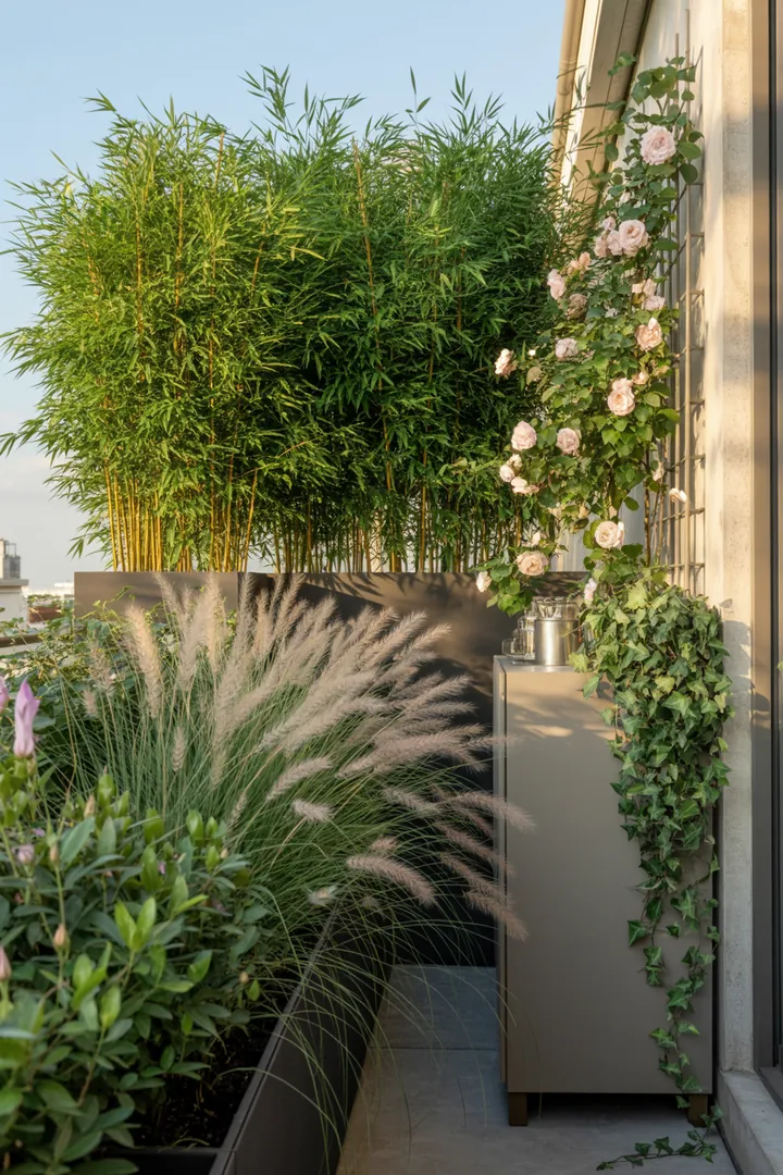 "Üppige Pflanzenvielfalt mit Bambus und Chinaschilf, umrankt von Clematis und Kletterrose, auf einem dekorativen Rankgitter in einem stilvollen Sichtschutz-Pflanzkasten."