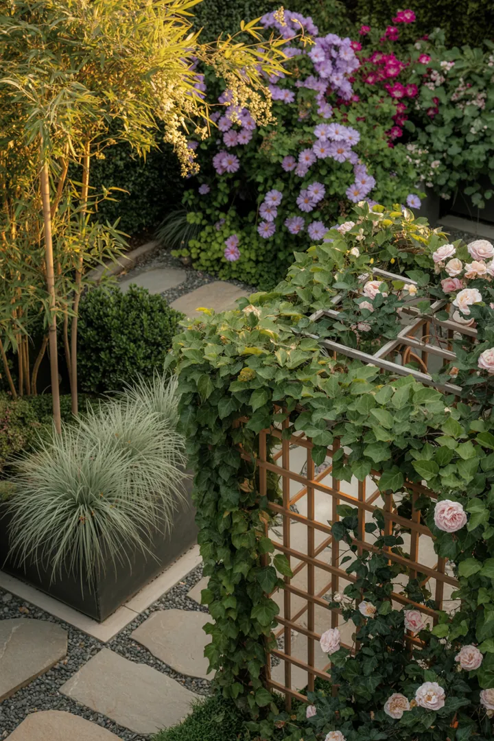 Vielseitige Gartenlandschaft mit üppigen Pflanzen, einschließlich Bambus, Chinaschilf und Clematis, umrahmt von einem dekorativen Rankgitter und einem Sichtschutz-Pflanzkasten.