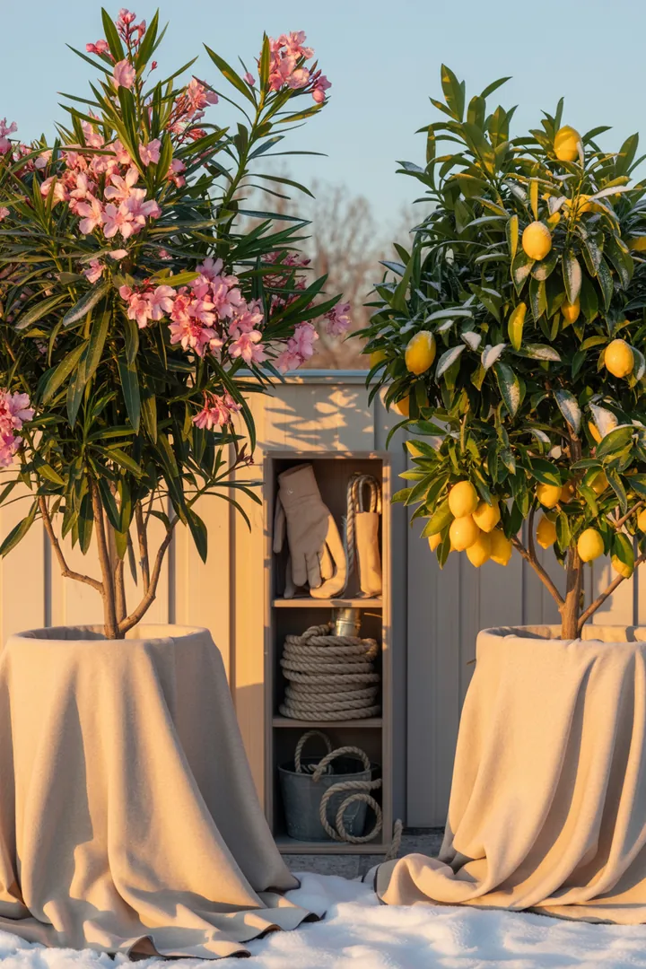 Bunte Gartenlandschaft mit einem Pflanzkübel, der eine Mischung aus Oleander, Olivenbaum, Hortensie, Zwergflieder und Zitronenbaum zeigt, ergänzt durch eine Drainageschicht für optimale Bewässerung.