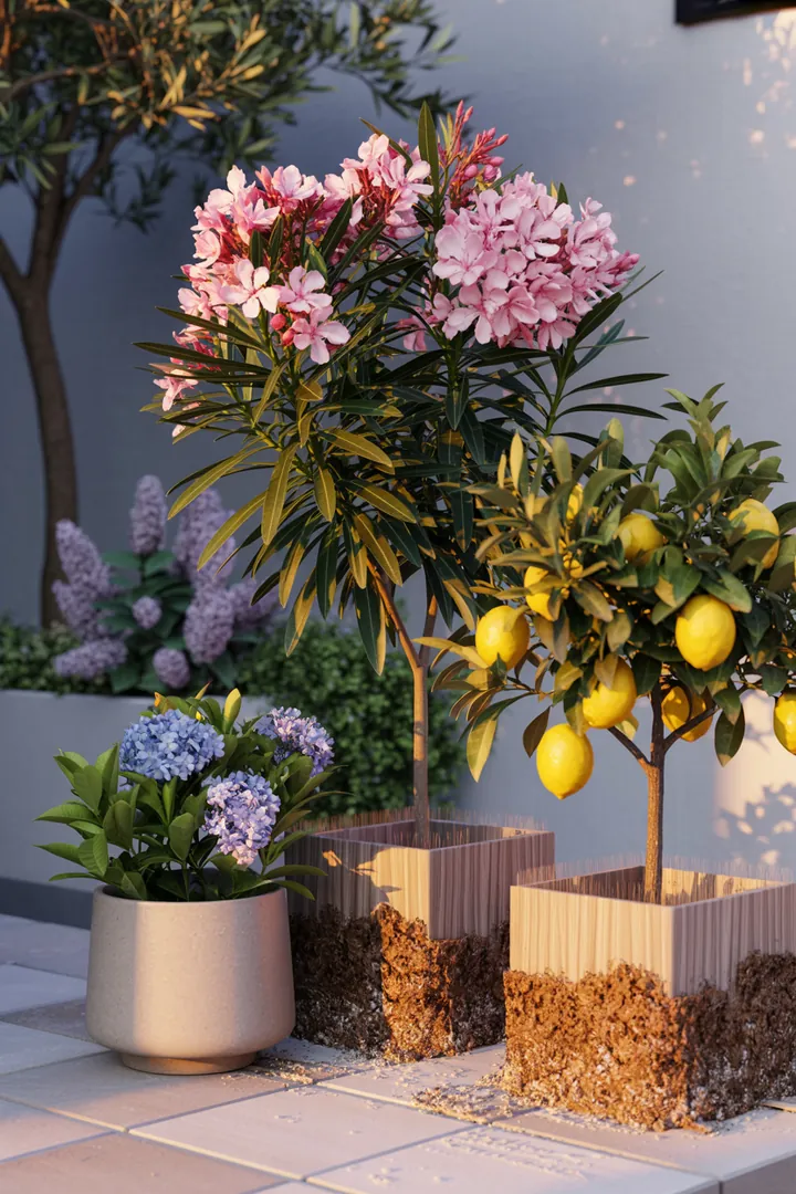 Bunt bepflanzter Pflanzkübel mit Oleander, Olivenbaum, Hortensie, Zwergflieder und Zitronenbaum, harmonisch angeordnet mit Drainageschicht für optimale Gartenpflege.