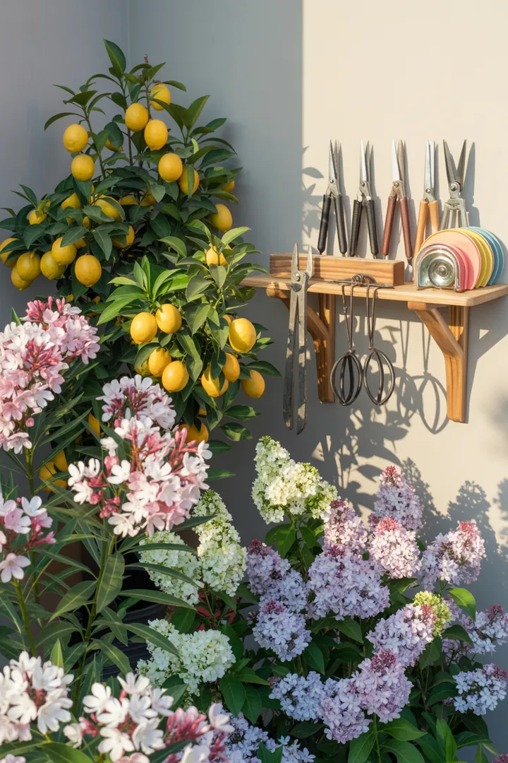 Bunt bepflanzter Pflanzkübel mit Oleander, Olivenbaum, Hortensie, Zwergflieder und Zitronenbaum, ergänzt durch eine Drainageschicht für optimale Pflanzenpflege.