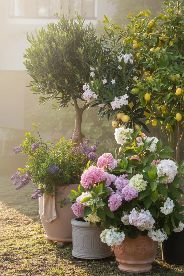 Blühende Pflanzenarrangements in dekorativen Kübeln, darunter leuchtende Sträucher und mediterrane Bäume, schaffen ein harmonisches Gartenambiente.