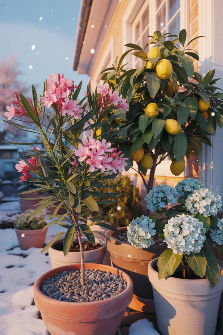Bunt bepflanzter Kübel mit verschiedenen Pflanzenarten, darunter leuchtende Blüten und grüne Sträucher, perfekt für den Garten oder Balkon.
