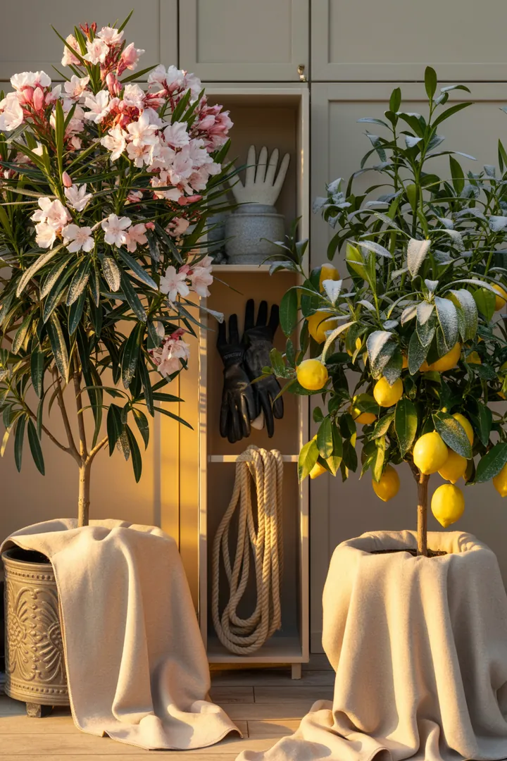 Buntes Arrangement von blühenden Pflanzen in dekorativen Behältern, darunter ein leuchtender Oleander, ein Olivenbaum und eine schöne Hortensie, umgeben von einer Drainageschicht für optimale Pflege.
