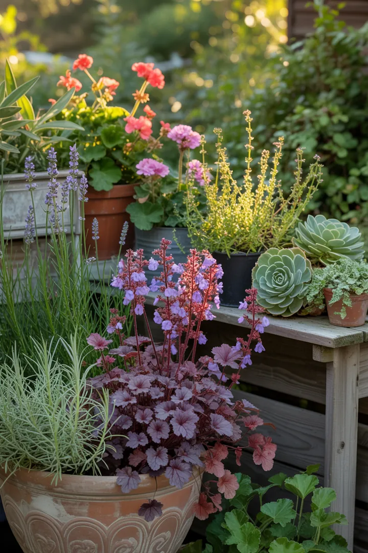 Bunte Blumenkästen mit verschiedenen Pflanzen, darunter Purpurglöckchen, Lavendel, Ziersalbei, Geranien und Fetthenne, schaffen eine lebendige Gartenatmosphäre.