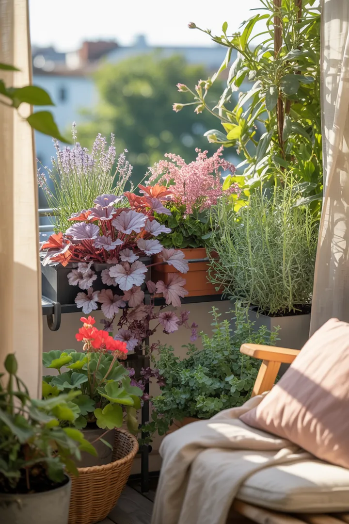 Bunte Kombination aus Purpurglöckchen, Lavendel, Ziersalbei, Geranie und Fetthenne in stilvollen Blumenkästen und Pflanzkübeln im Garten.