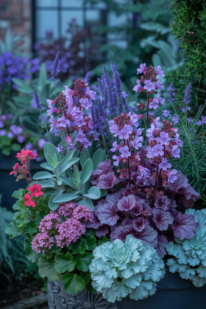 Bunt blühende Pflanzkästen mit Purpurglöckchen, Lavendel, Ziersalbei, Geranie und Fetthenne schaffen einen lebendigen Gartenakzent.
