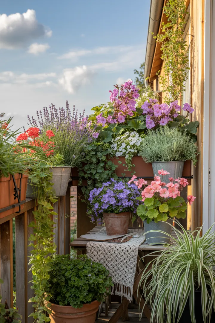 Bunte Blumenkästen mit verschiedenen Pflanzen, darunter Purpurglöckchen, Lavendel und Ziersalbei, schaffen eine lebendige Gartenatmosphäre.