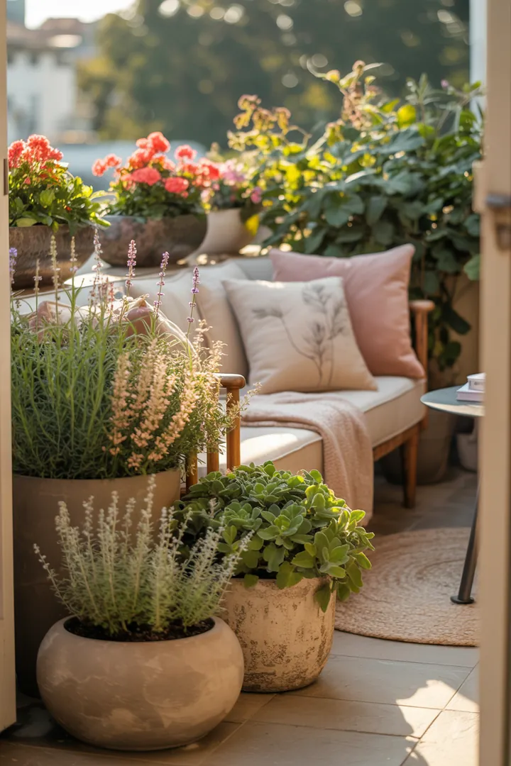 Bunt blühende Pflanzenarrangements in Blumenkästen, darunter Purpurglöckchen, Lavendel, Ziersalbei, Geranie und Fetthenne, schaffen ein lebendiges Gartenambiente.