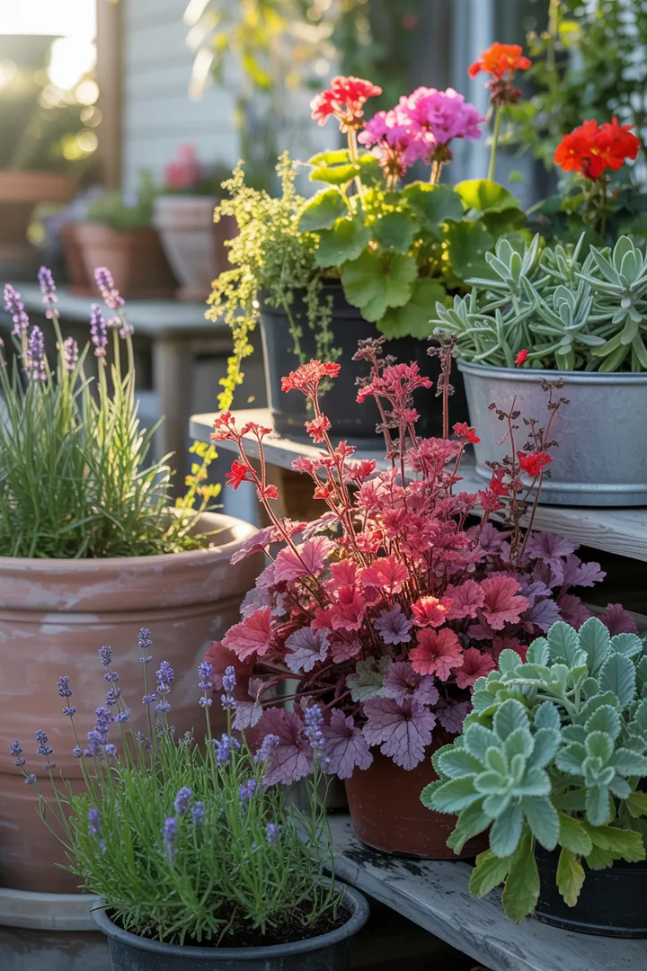 Bunte Blumenkästen mit Purpurglöckchen, Lavendel, Ziersalbei, Geranien und Fetthennen in voller Blüte, ideal für einen farbenfrohen Garten.
