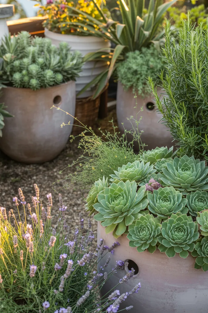 Bunte Auswahl an Sukkulenten und Kräutern in einem modernen Pflanzkübel für eine stilvolle Gartenlandschaft, ideal für Selbstbewässerung.