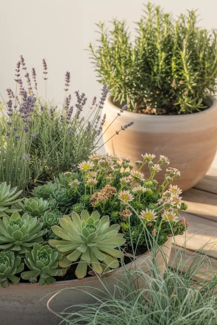 Bunte Auswahl an Sukkulenten und Kräutern in einem dekorativen Selbstbewässerungstopf, umgeben von Ziergras und Lavendel.
