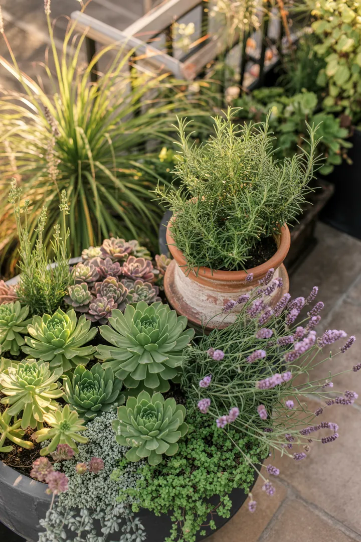 Kreative Pflanzkombination mit Hauswurz, Fetthenne und Lavendel in einem Selbstbewässerungstopf, umgeben von Ziergras und Rosmarin.