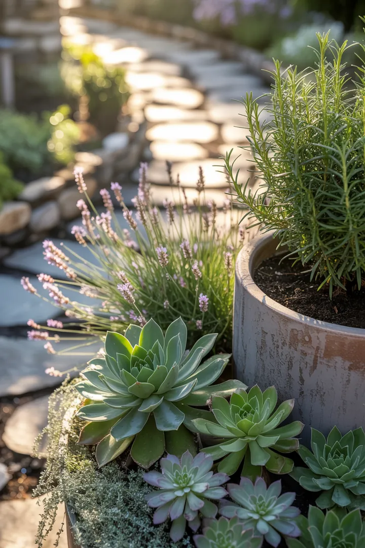 Bunte Pflanzkombination aus Hauswurz, Fetthenne, Lavendel und Ziergras in einem Selbstbewässerungstopf, ideal für Gartenliebhaber.