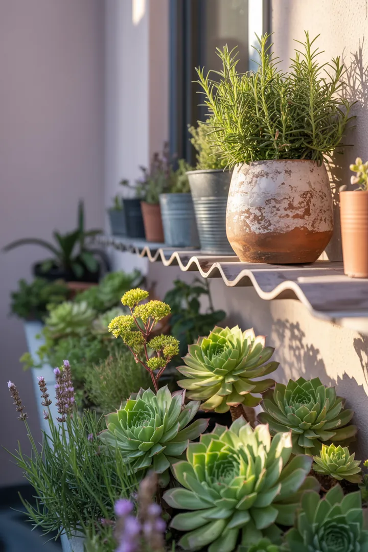 Bunte Pflanzenkombination in einem Selbstbewässerungstopf: Hauswurz, Fetthenne, Lavendel, Ziergras und Rosmarin in einem stilvollen Pflanzkübel.