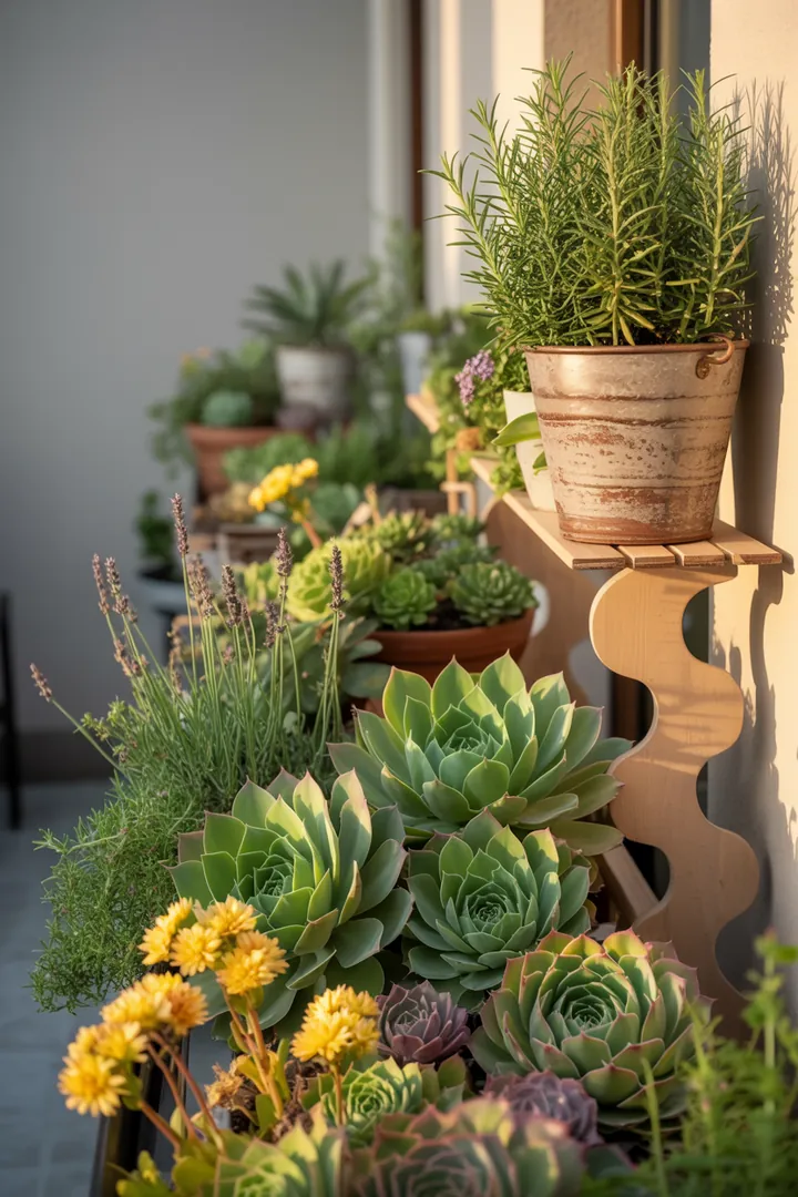 Bunte Pflanzenkombination mit Hauswurz, Fetthenne und Lavendel in einem modernen Selbstbewässerungstopf, umgeben von Ziergras und Rosmarin.