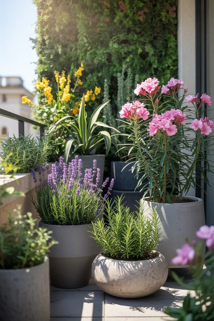 Bunte Pflanzkombination in Kübeln mit duftenden Kräutern und blühenden Zierpflanzen, darunter Lavendel, Oleander und Rosmarin.