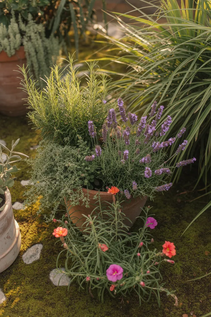 Bunte Vielfalt von duftenden Pflanzen in einem dekorativen Kübel, darunter aromatischer Rosmarin, zarte Oleanderblüten und lebendige Portulakröschen.